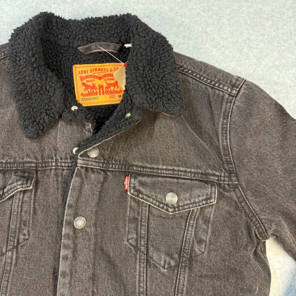 Levis Mens Sherpa Trucker Jacket Washed Black Denim Type III Coat 16365-0276 M
